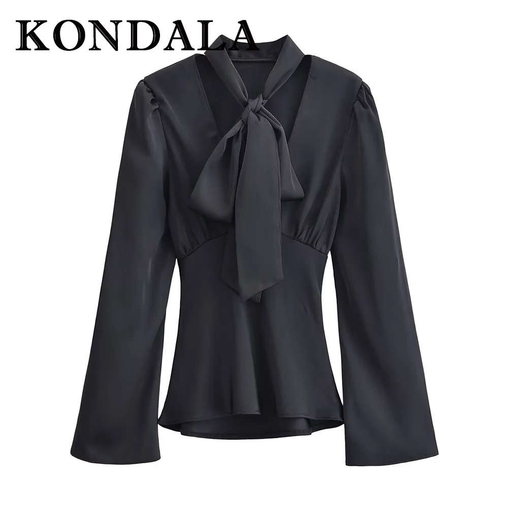 

KONDALA Chic Solid Black Lace-up Bow Elegant Sexy Woman Blouse Slim Fashion 2025 Fall Casual Shirt Luxurious Teacher Mujer Shirt