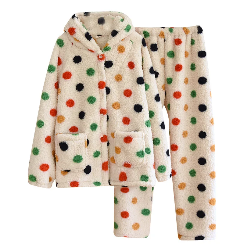 Winter Flannel Pajamas Set Women Polka Dot Thick Warm Sleepwear Hooded Nightgown Robe Pants Loose Pyjamas Suit Homewear Clothes