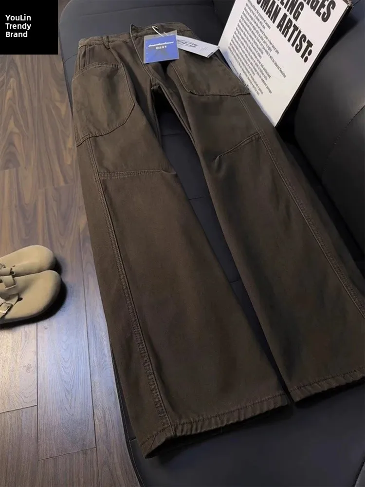 

Мужские джинсы Deep Brown в американском ретро-стиле, зимние, CleanFit, рабочие брюки, клеш, с карманами, рваные, из полиэфирного волокна