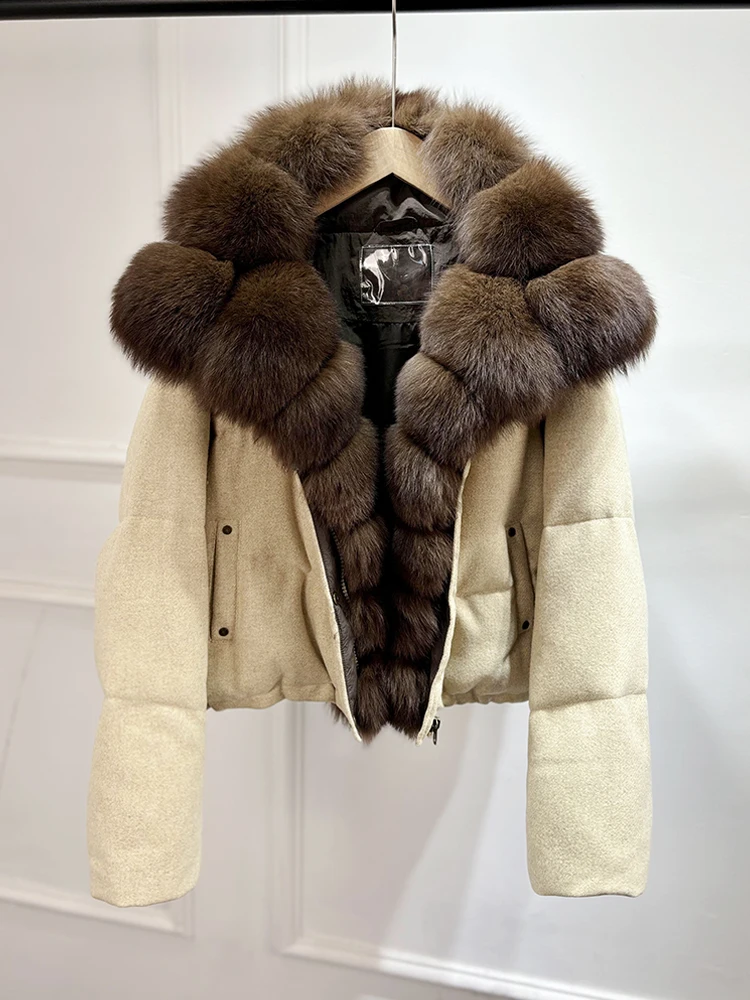 Janveny Luxury Winter 90% White Duck Down Wool Blends Jacket Women 2025 New Real Natural Fox Fur Thick Warm Puffer Down Coat