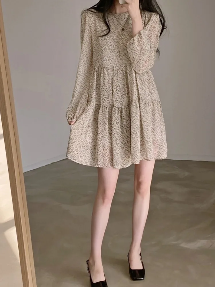 

Весенний нежный персональный круглый Ne Loose Casual Pleated Long Sve ort Micro Translucent Floral Print Dr Women