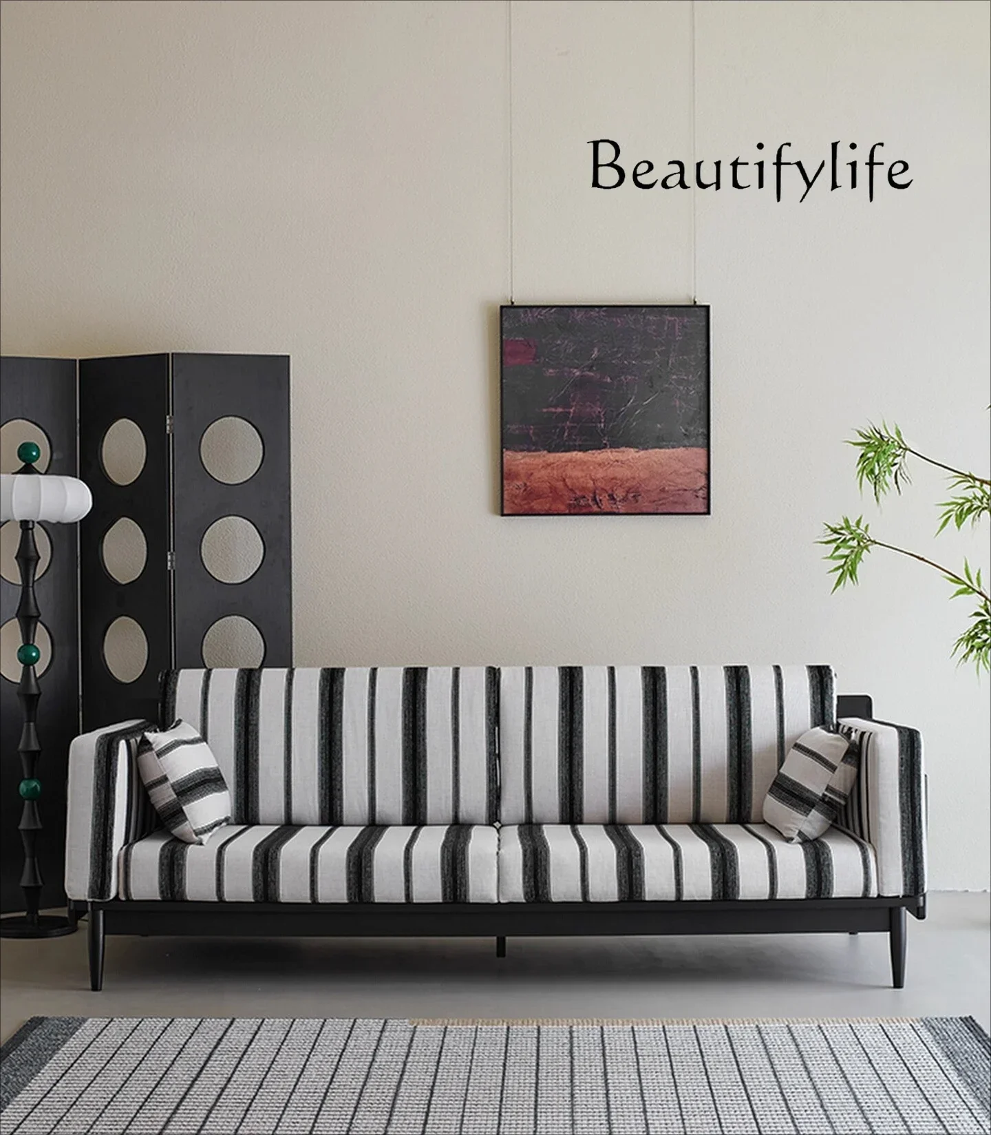 A44 mM Solid wood fabric sofa retro black medieval ash wood living room three-person straight row sofa removable and washable