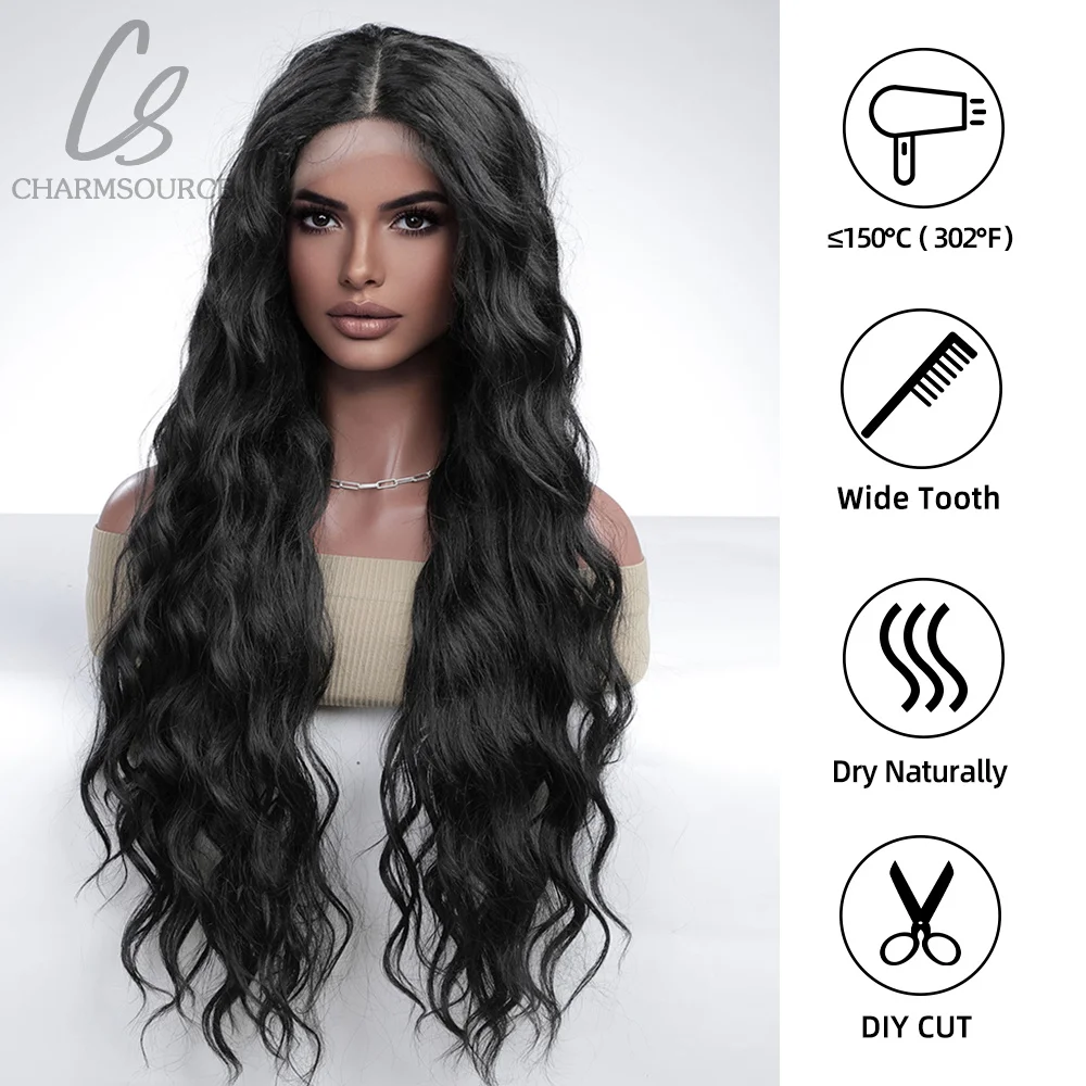 CharmSource Black Long Water Wave Wigs Synthetic Lace Front Wig for Black White Women Hair Party Daily High Quality