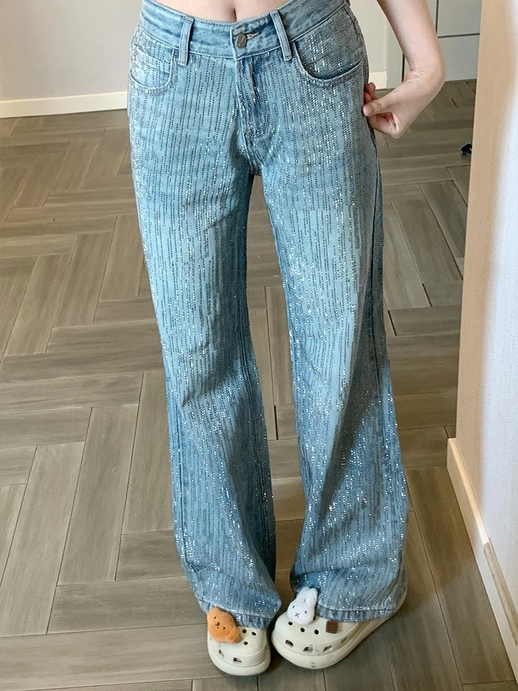 

American Style Spicy Girl Design Starry Rhinestone Splicing Denim Pants Women's Retro Fashion Slimming Floor-Length Pants