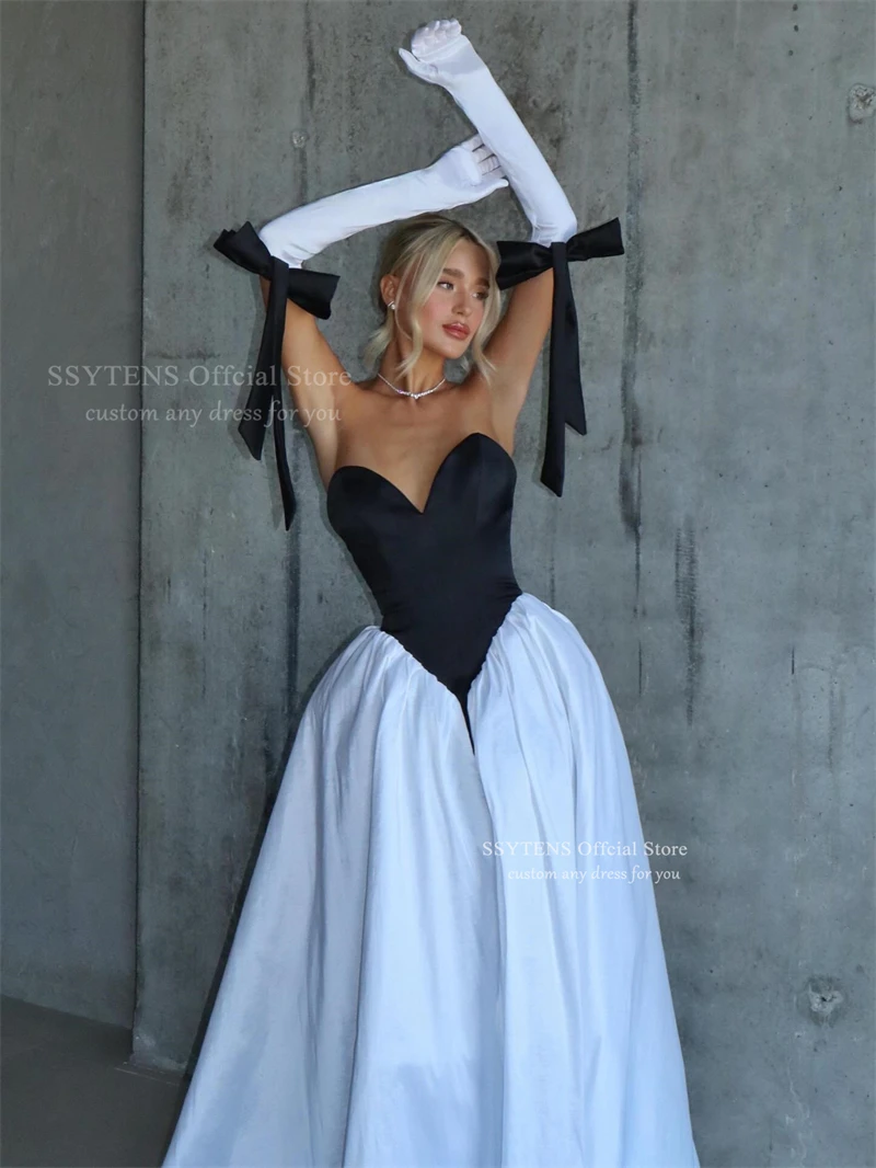 SSYTNS Chic Schwarz Und Weiß Satin Abendkleider Sexy Lange Vestidos De Fiesta Sweeethart Elegantes Robes De Soirée Angepasst