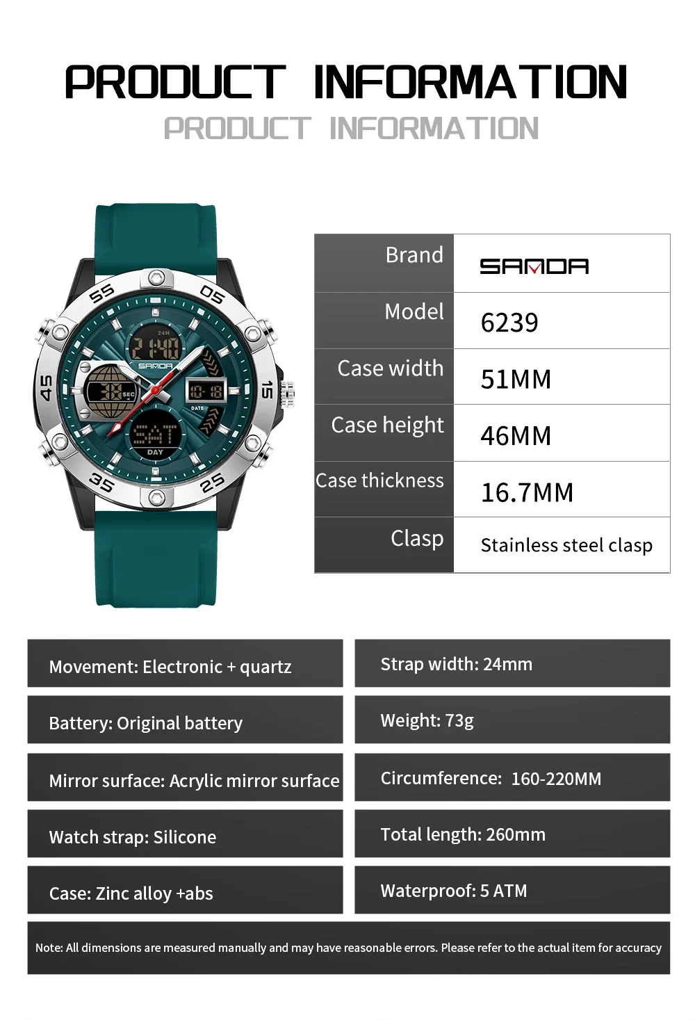 SANDA 6239 Luxury Brand Men's Military Watch Waterproof Tape Chronograph Sports Men's Fashion Quartz Watch