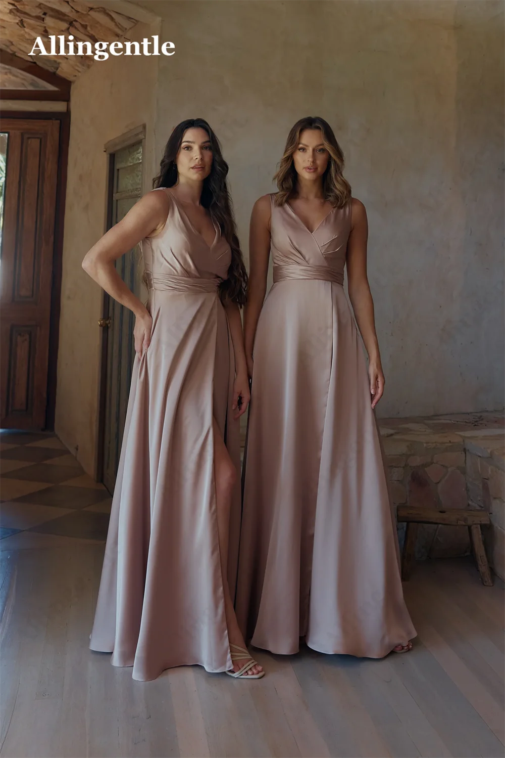 Allingentle Elegant V Neck Bridesmaid Dress 2024 Silk Satin A-line Wedding Guest Gowns Sleeveless Slit for Women вечернее платье