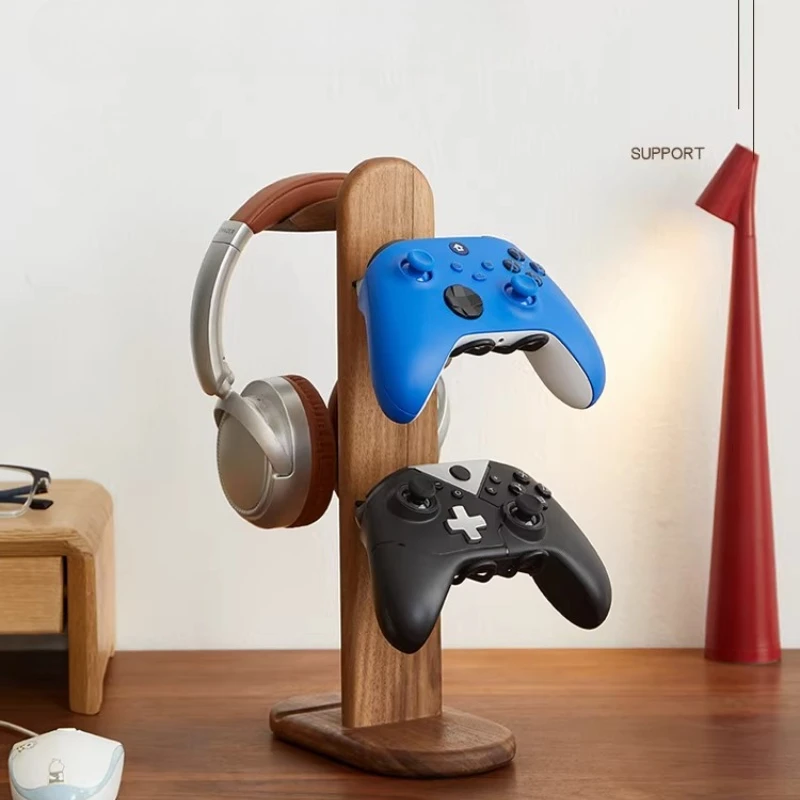 Universal Gaming Headset Stand Solid Wood All-in-One Storage Rack for Gamepad Headphone Holder Premium Wooden Desk Organizer