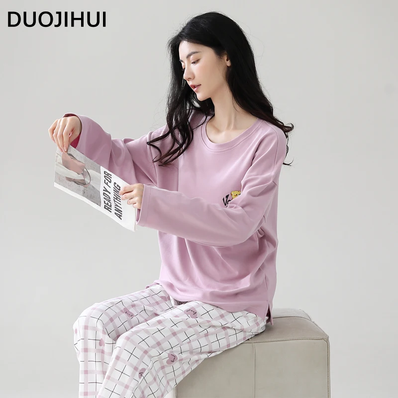 DUOJIHUI Contrast Color Chicly Print Female Pajamas Set Autumn O-neck Pullover Basic Pant Simple Loose Fashion Pajamas for Women