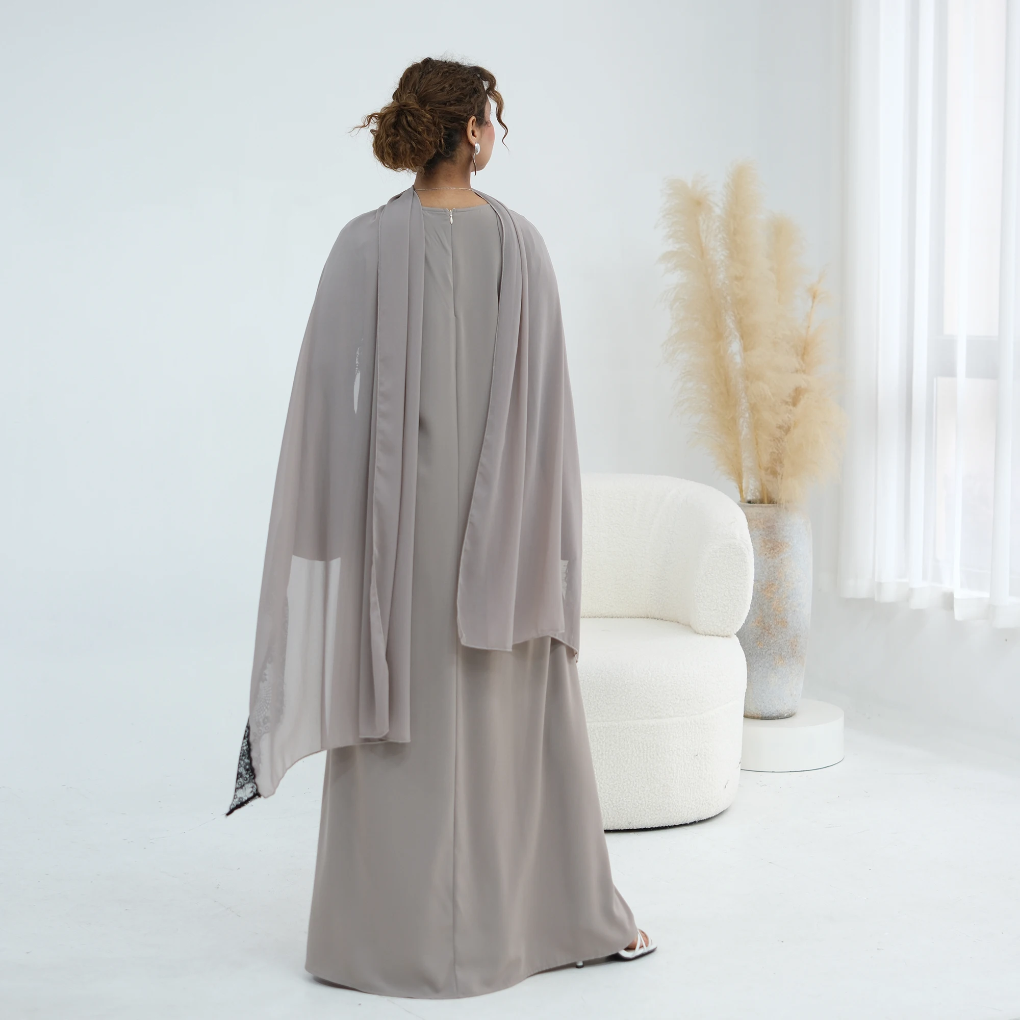 Delicate Lace Trim Regular-Fit Muslimah Abaya Dress with Chiffon Shawl Scarf Hijab. Ramadan Eid Hijabi Modest Islamic Clothing