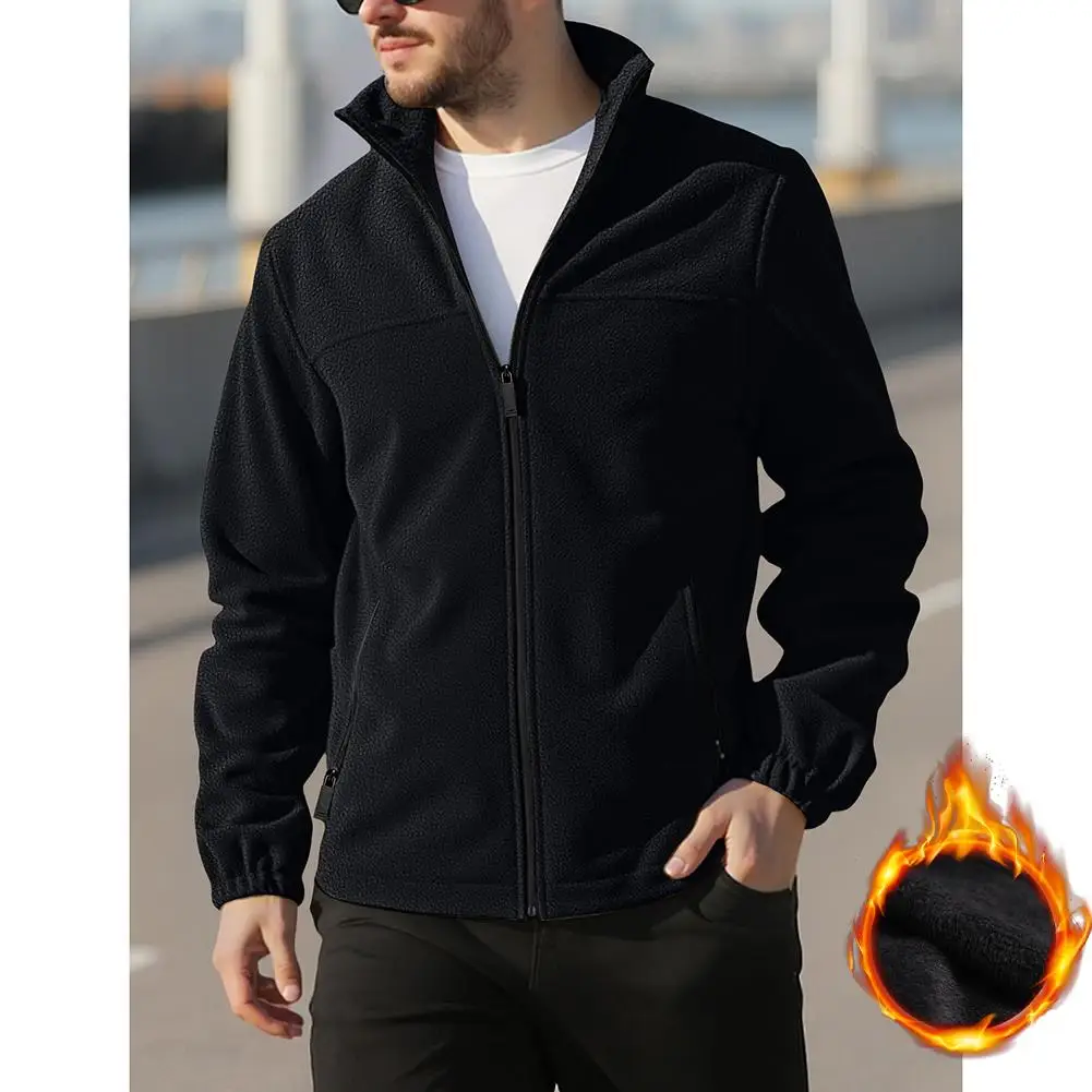 

Men's Warm Insulated Fleece Jacket for Winter Outdoor Use Featuring Zipper Closure and Windproof Stand Collar Tops
