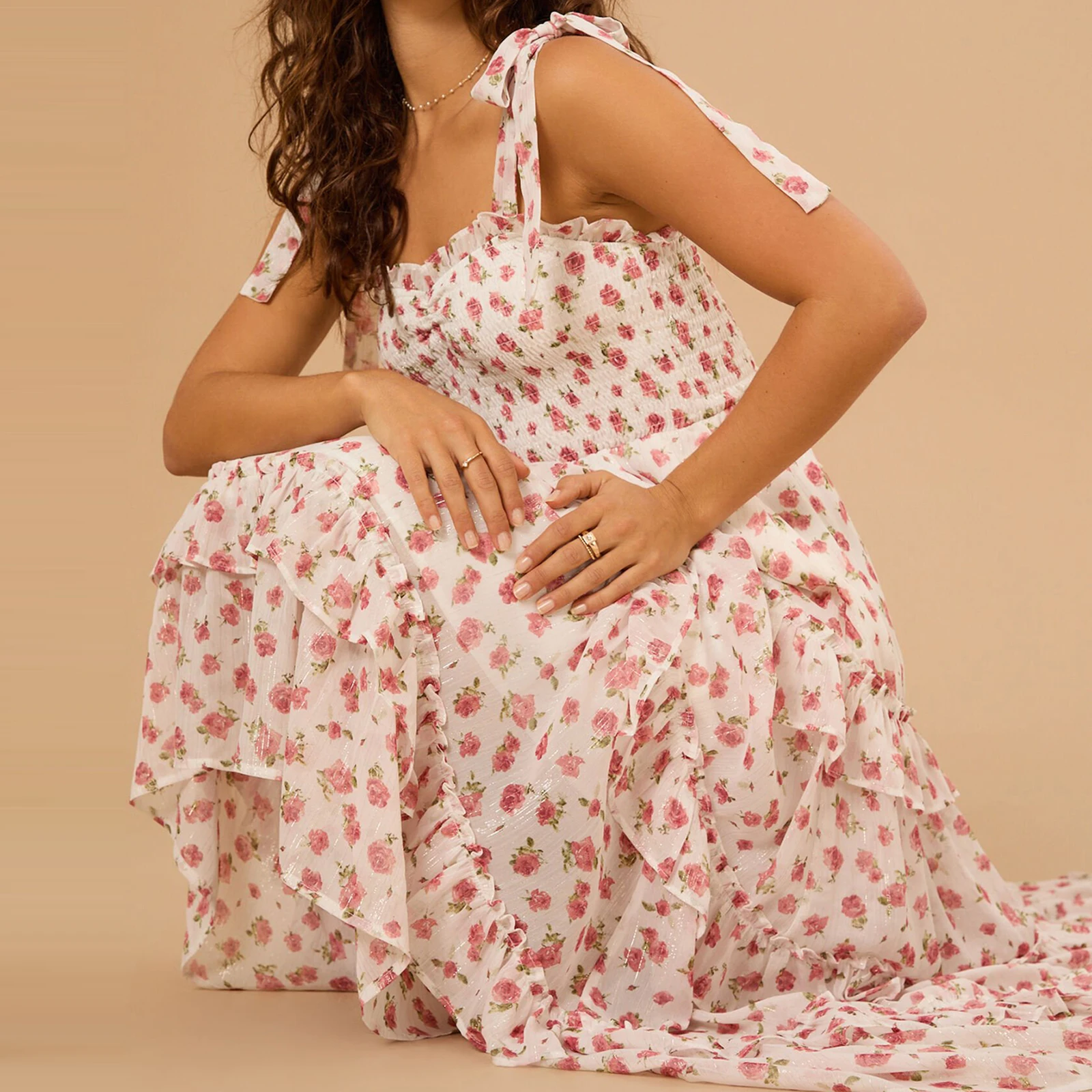 Combhasaki Abito da donna con stampa floreale multistrato con volant e finiture smock senza maniche, spalline con lacci, abito lungo a trapezio fluido