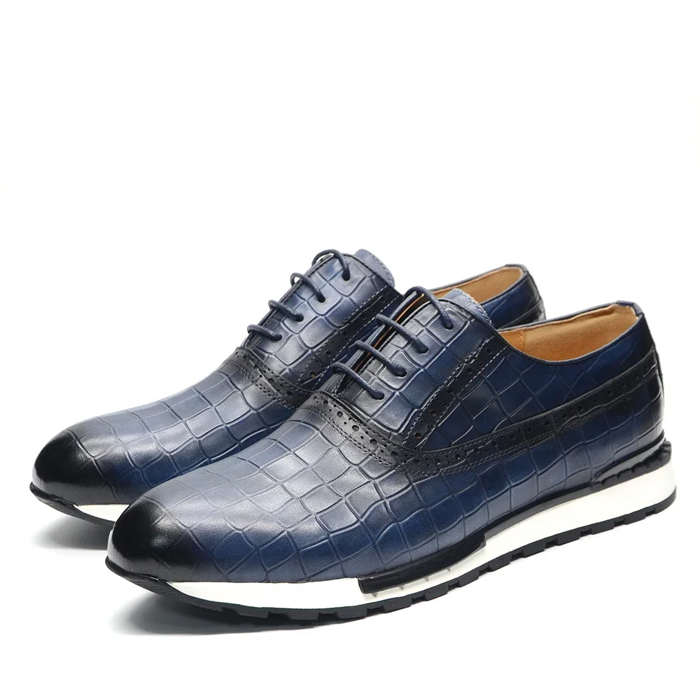 Scarpe da ginnastica casual da uomo in vera pelle di lusso comode scarpe sociali giornaliere Oxford stringate modello pietra calzature maschili blu soild