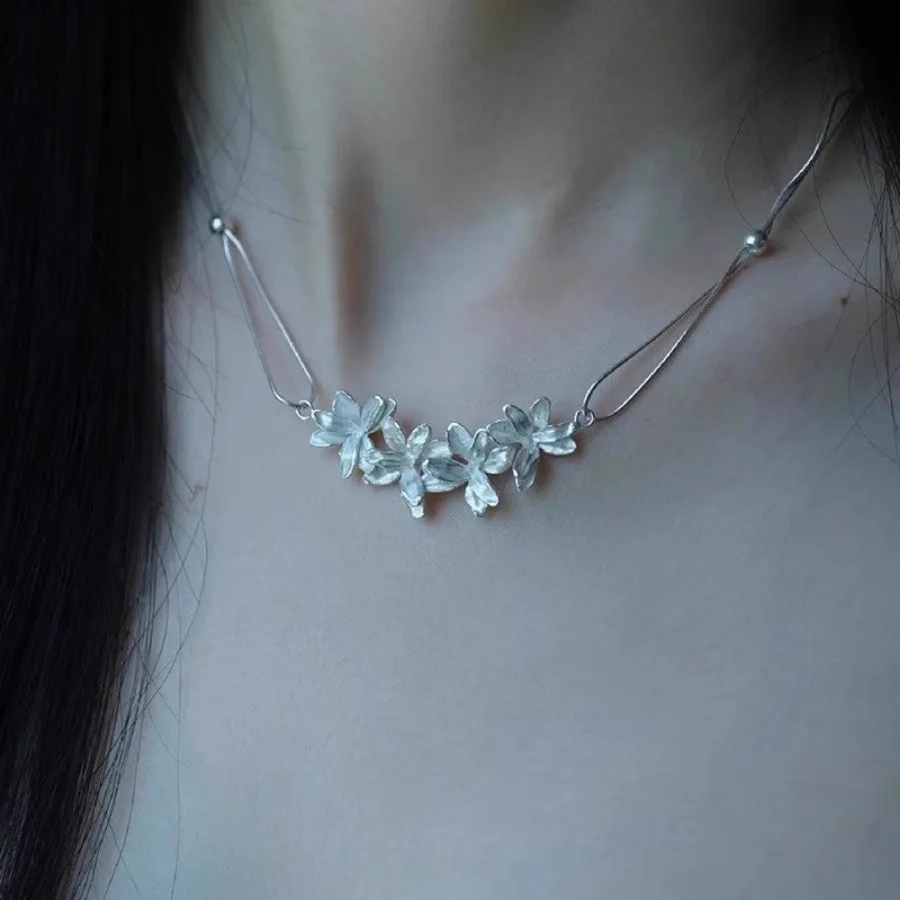 

PANJBJ 925 Sterling Silver Flower Necklace for Women Double Layer Sweet Frosting Ethnic Minimalism Jewelry Gift Dropshipping