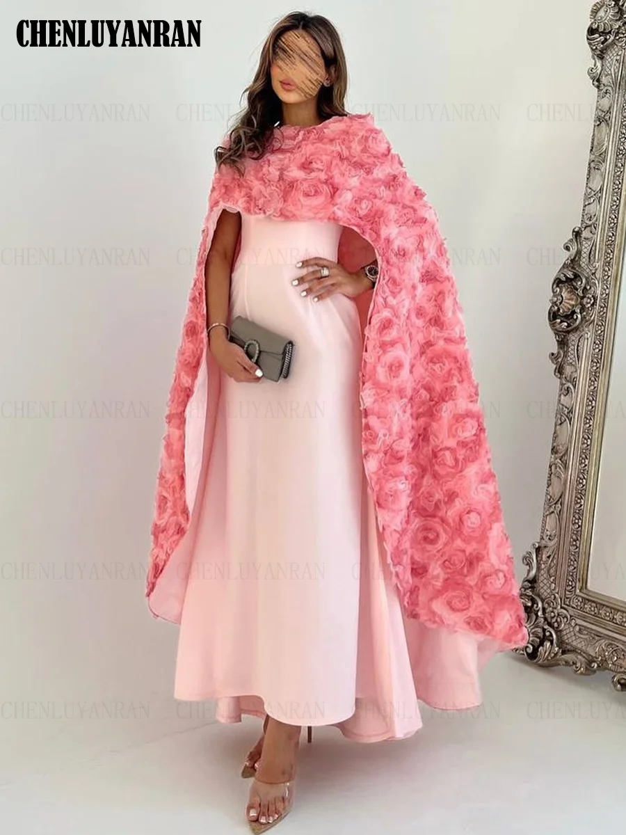 3D Flower Formal Occasion Dresses 2024 Pink Mermaid Long Party Dress With Cloak Customized Sexy Luxury Lace Evening Gowns