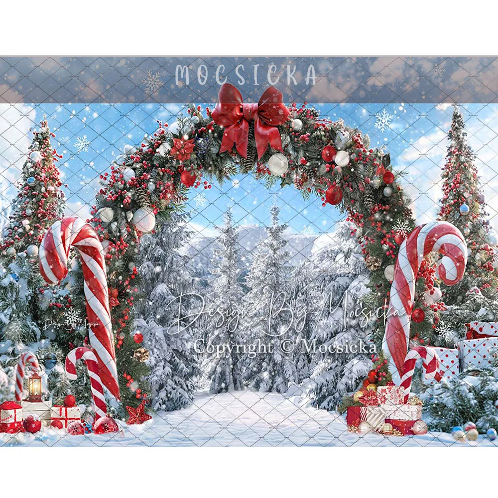 Mocsicka Christmas Arch Garland Door Backdrop Photography Xmas Candy Cane Gift Forest Tree Snow Background Family Studio Photo
