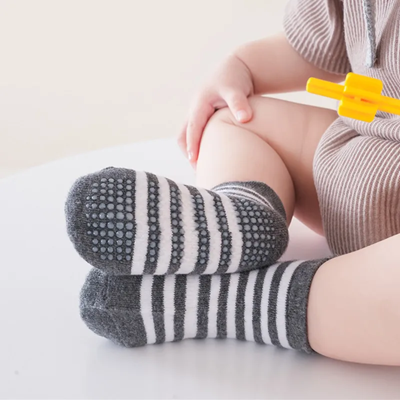 6Pairs Spring Autumn Baby Socks Toddler Anti-slip Children Solid Stripe Floor Sock Indoor Floor Warm Socken For 0-5Years