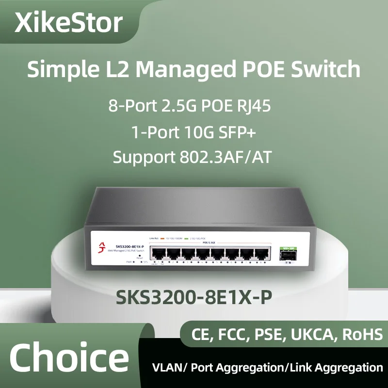 XikeStor Simple L2 Managed POE Ethernet 8-Port 2.5G POE RJ45 1-Port 10G SFP+ Web VLAN/Port Aggregation Surveillance Camera AP