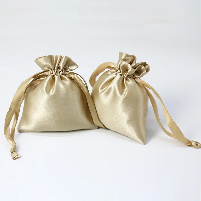 

50p Print Logo Jewelry Packaging Hair Cosmetic Makeup Luxury Silk Drawstring Pouch Wedding Party Storage Sachet Satin Gift Bags