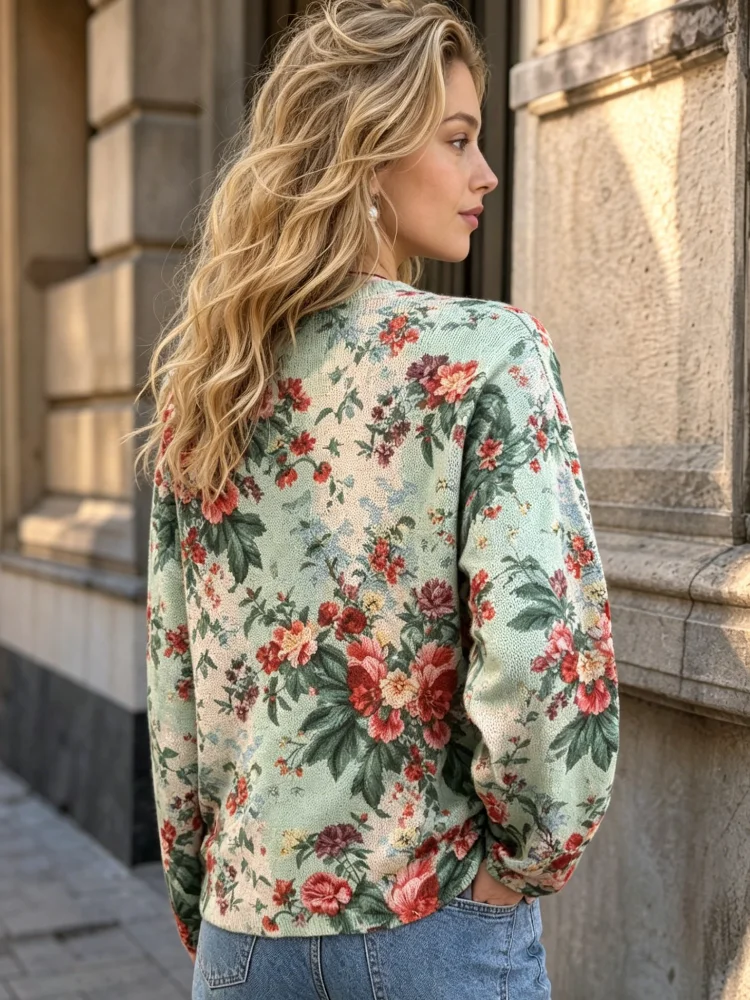 Women's Retro Watercolor Peony Flower Print Round-neck Knit Sweater - 70% Polyester 30% Cotton - Light Green Base Color - Long Sleeve Casual Pullover, Suitable for Daily Wearing in Autumn and Winter - view 2