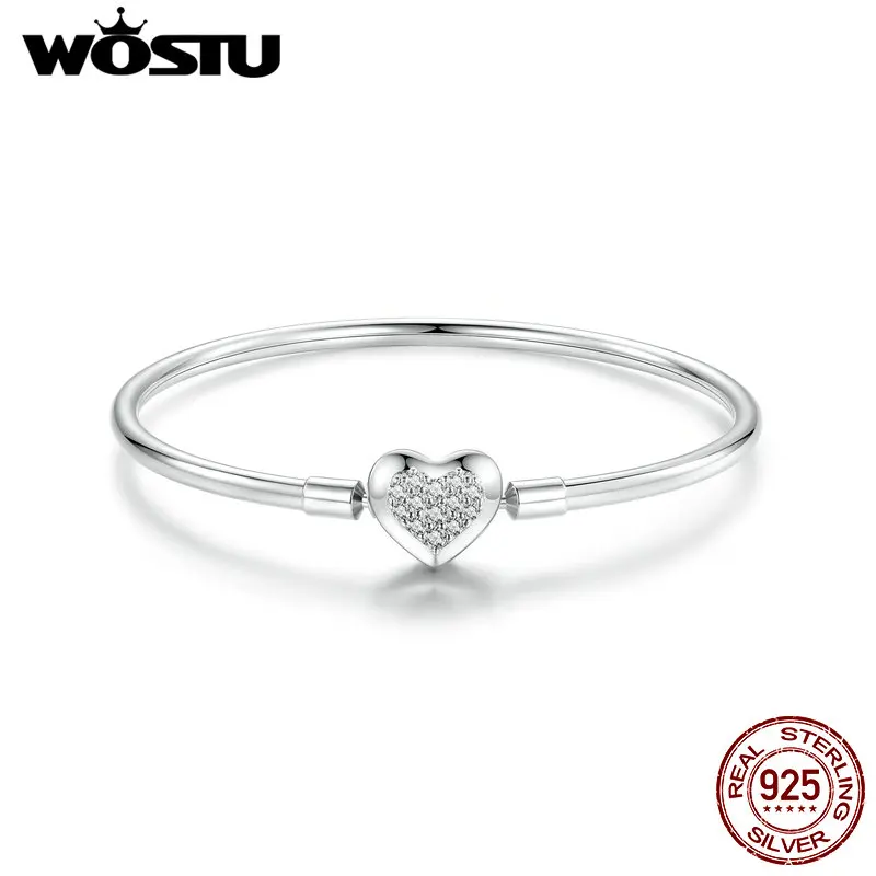 

WOSTU Real 925 Sterling Silver Full of Zircon Love Heart Basic Bangle Bracelet Fit Original Charms Beads DIY Bithday Party Gift