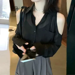 Womens Shirt & Blouse Clothes Tops for Women Chiffon Sexy Black Long Sleeve Tunic 2024 Pretty Novelty Comfortable Promotion New