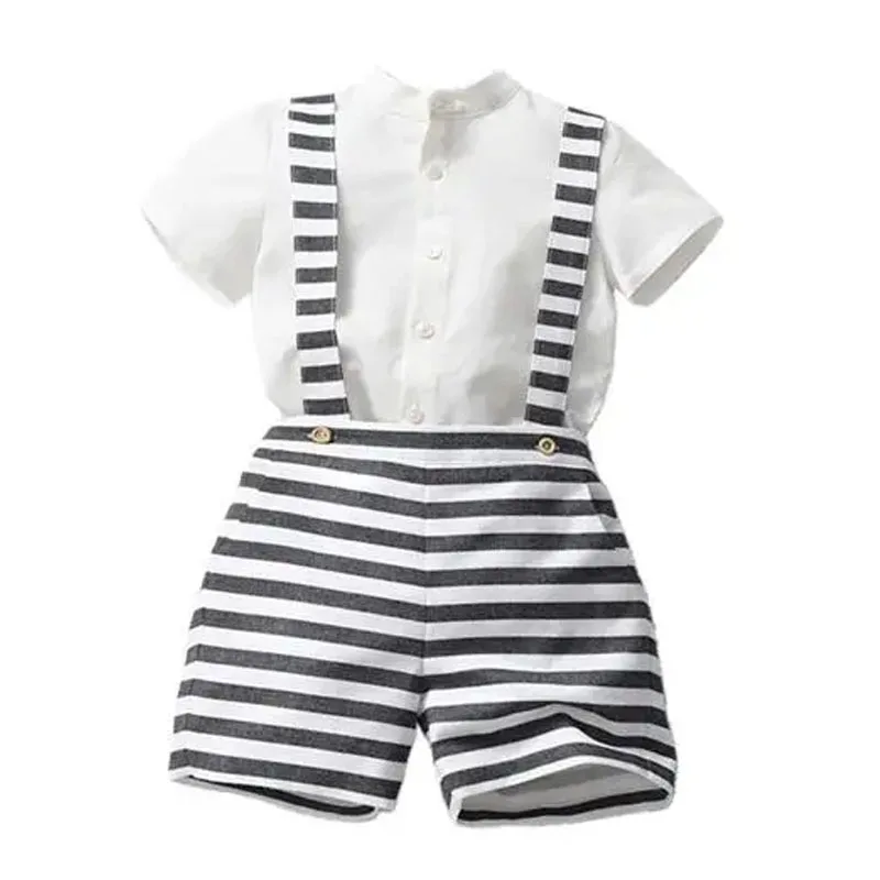Short Sleeve Top Boy Spanish Clothes Gray Plaid Shorts Set Baby Kids Suits Children Gentleman Formal Outfit Cotton Birthday Suit