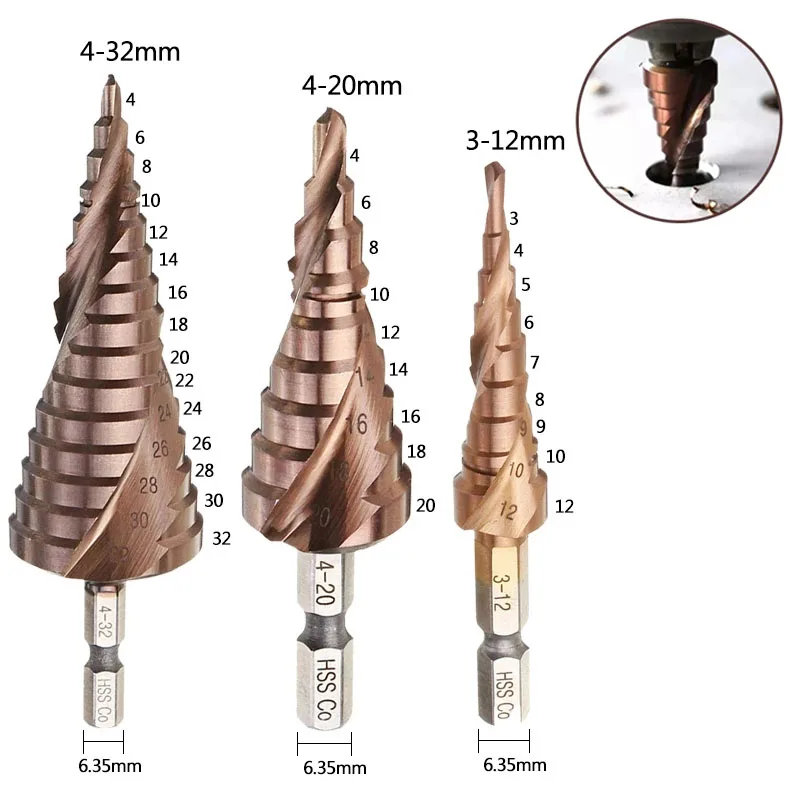 

Кобальтовое ступенчатое сверло M35, 3-12/4-20/4-32 мм, быстрорежущая стальная пила для отверстий, инструмент для резки металла, нержавеющей стали, стали