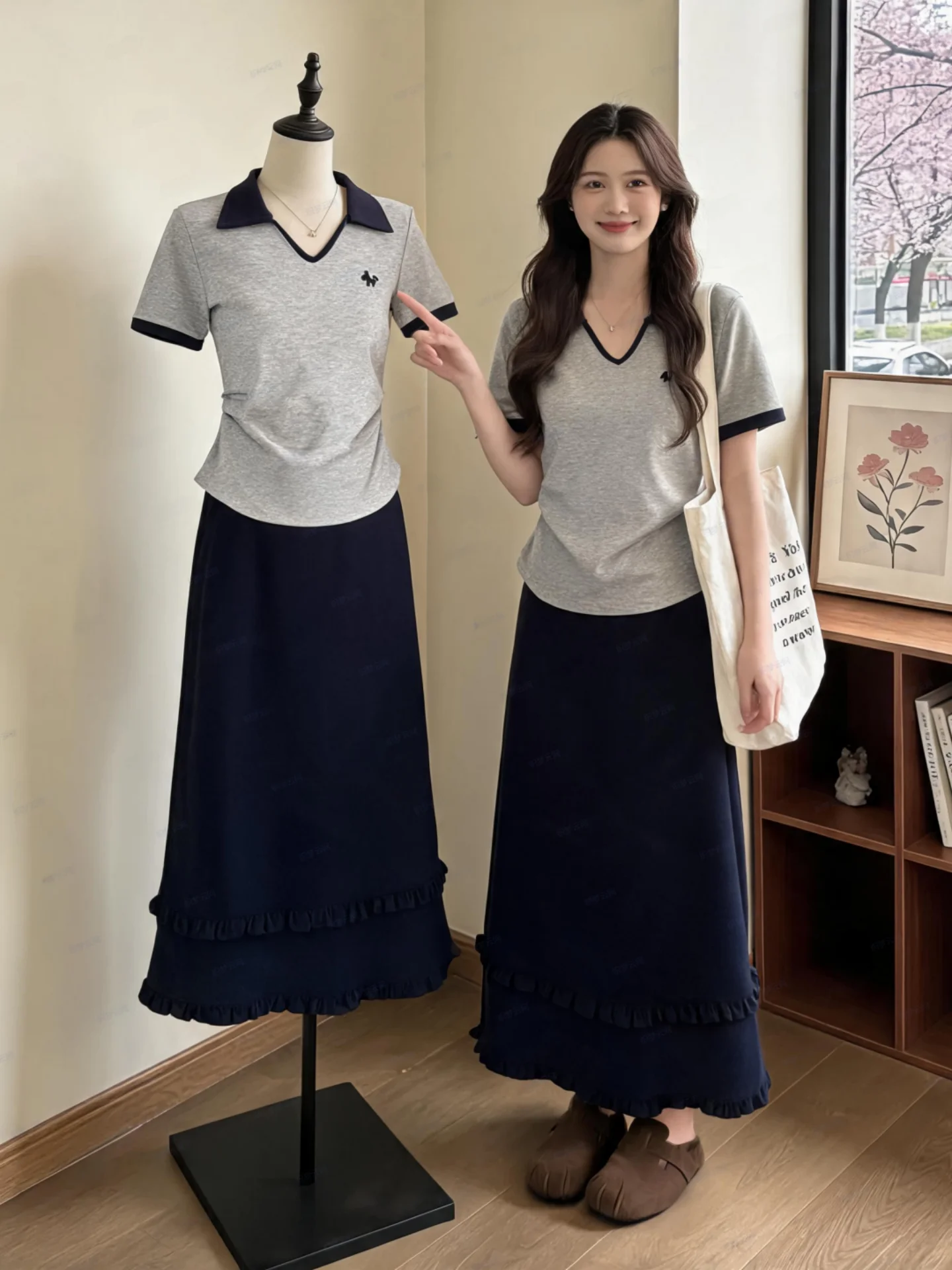 plus Size Casual Slimming Summer Set Women's V-Neck Short Sleeve T-Shirt Top Half Skirt Two-Piece Set Korean Style High Waist...