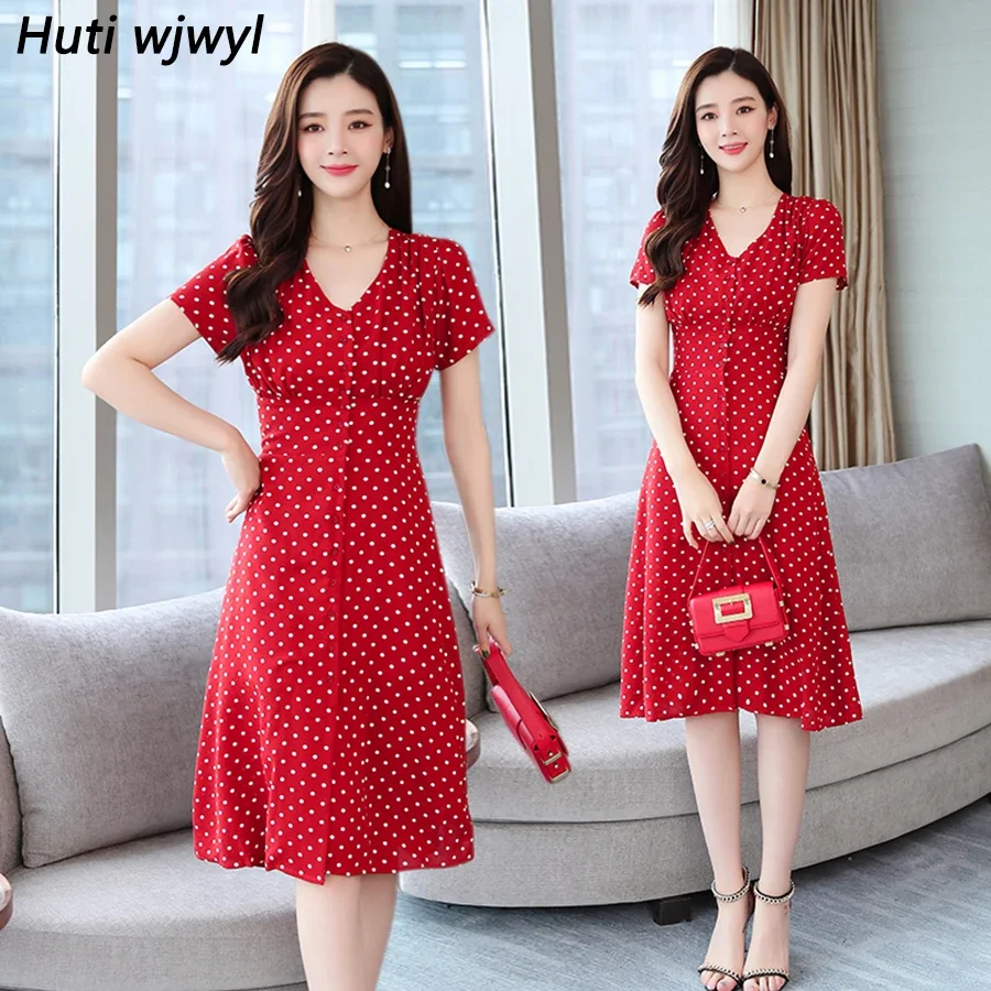 Summer Vintage Chiffon V-neck Sexy Midi Shirt Dress 2024 Korean Women Elegant Dot Bodycon Boho Beach Sundress Party Red Vestidos