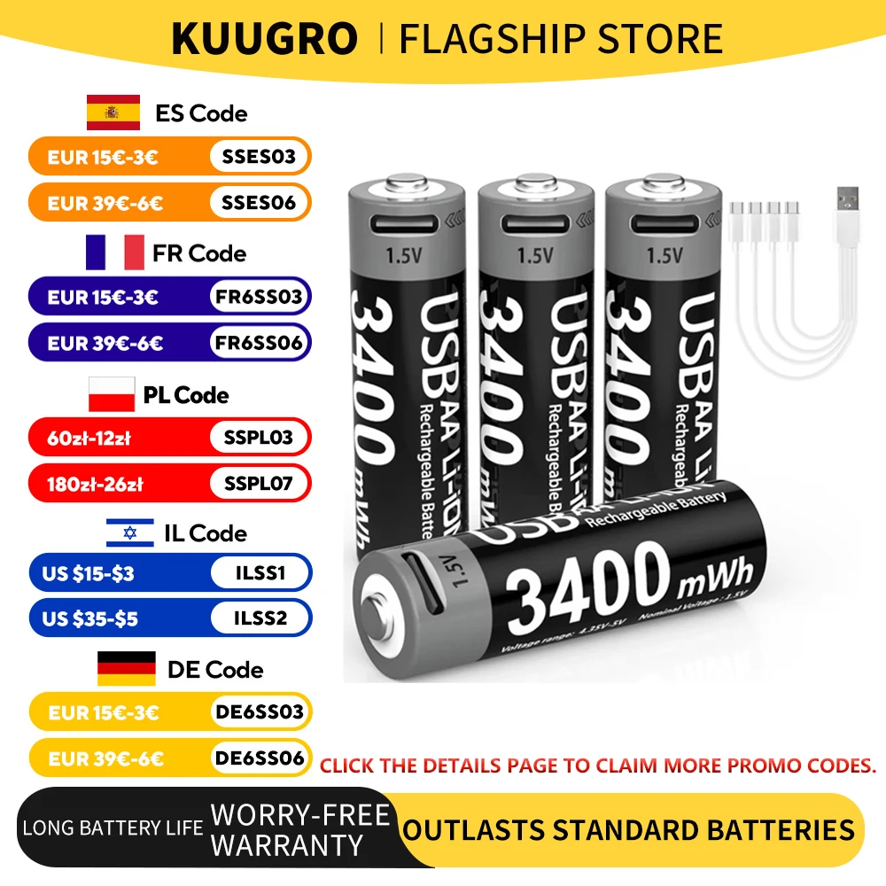 

Kuugro USB AA 1.5V 3400mwh Lithium Rechargeable Battery Type-C Charging For Microphone Remote Control Mouse Smart Door Lock