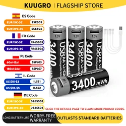 kuugro 1.5V AA 3400mWh USB Type-C Rechargeable Li-ion Battery for Hunting Camera Remote Control Mouse Smart Door Lock Microphone