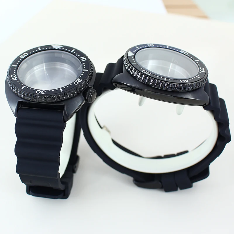 Черный корпус часов PVD 45 мм, резиновый ремешок, сапфировое стекло для NH35 NH36 NH34/38 Механизм 28,5 мм, циферблат Mod Abalone с кольцом с главой