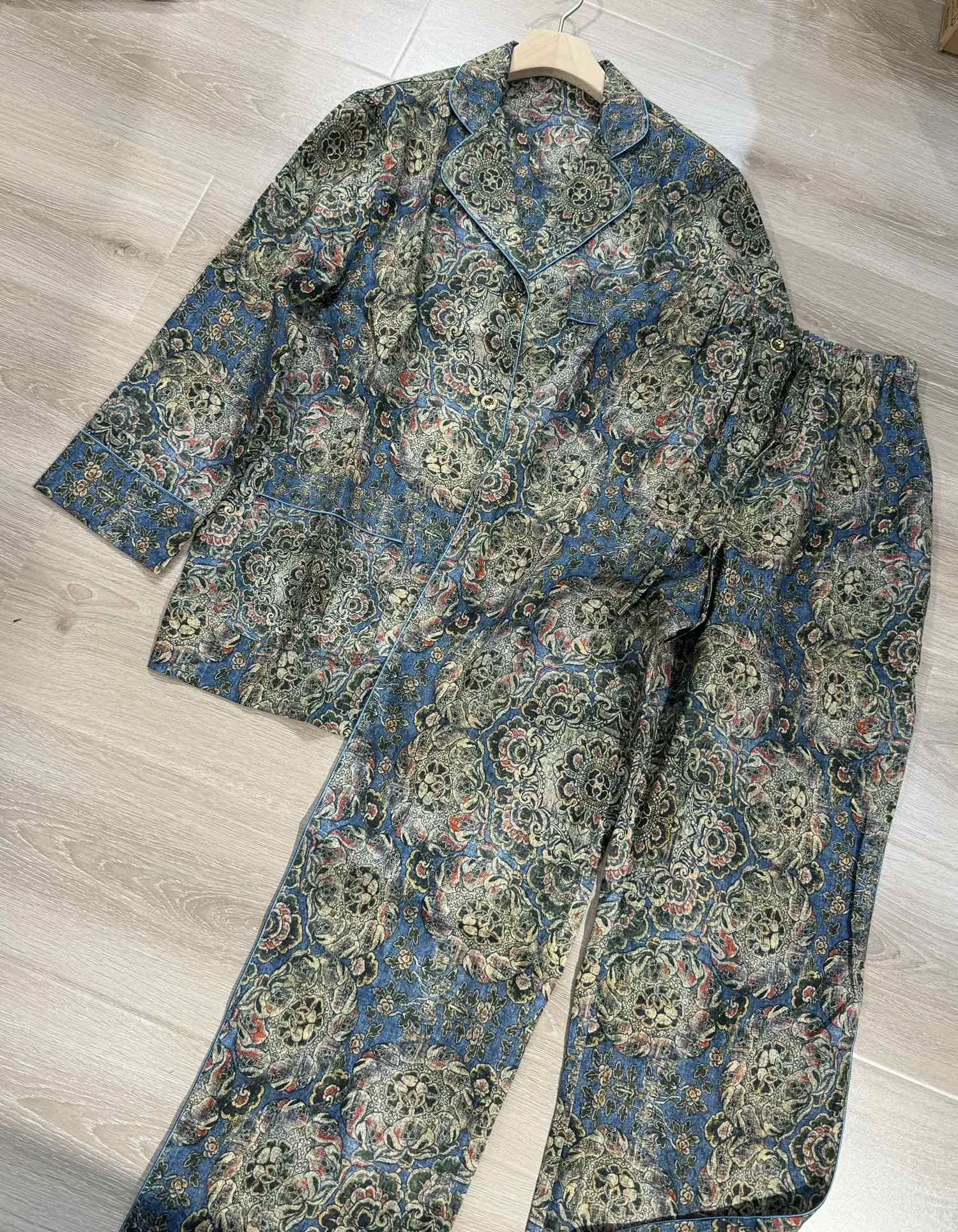 Setelan celana Wanita kaus motif Linen blus Lapel atasan + tali serut celana panjang kaki lebar lurus pinggang tinggi Set 2 potong