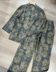 Women's Pant Suit Linen Print Shirt Lapel Blouse Top + Drawstring High Waist Straight Leg Wide Leg Pants Trousers 2 Piece Set