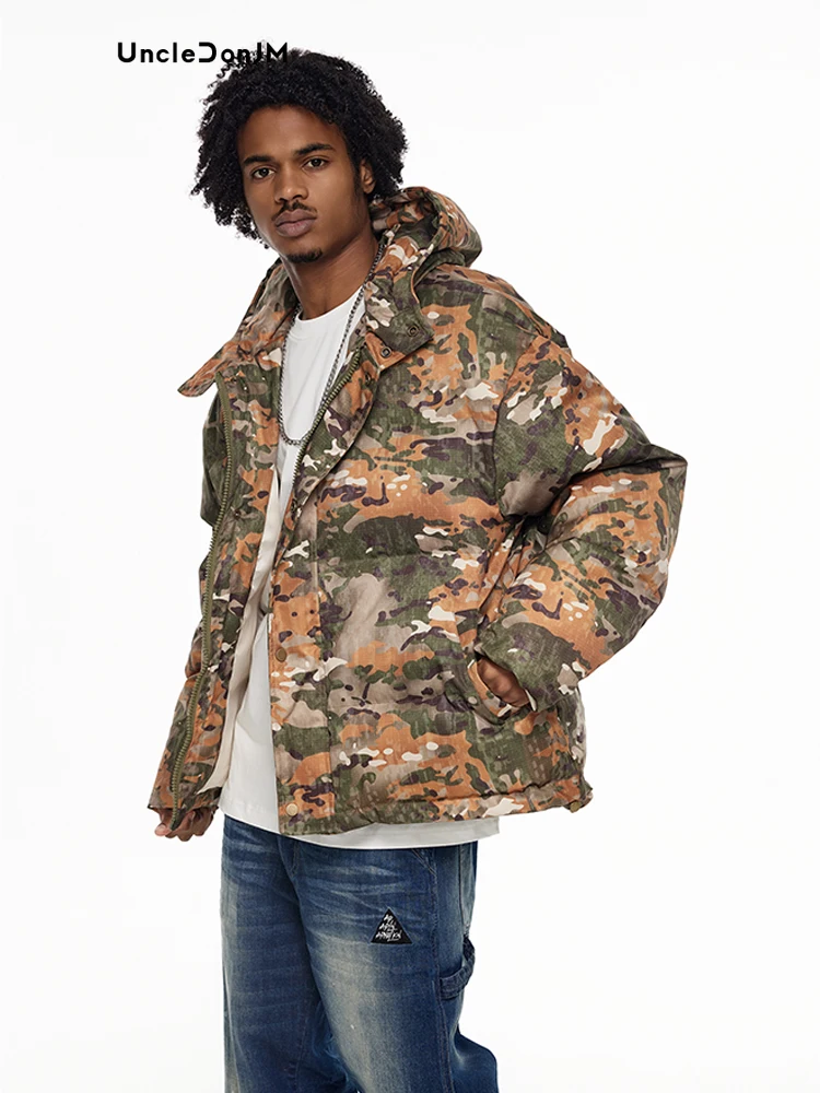 Camuflagem masculina com capuz jaqueta acolchoada, Street Wear, High Street Parkas, inverno