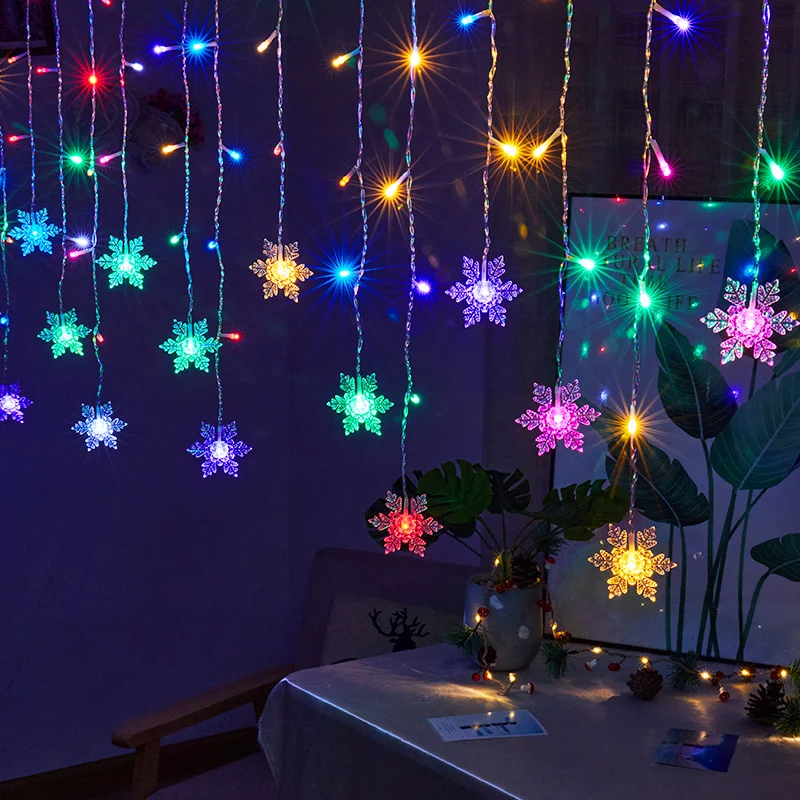 Nuevas luces navideñas de cortina con forma de copo de nieve, guirnaldas de luces LED intermitentes impermeables para decoración de árbol de Navidad, fiestas navideñas, bodas