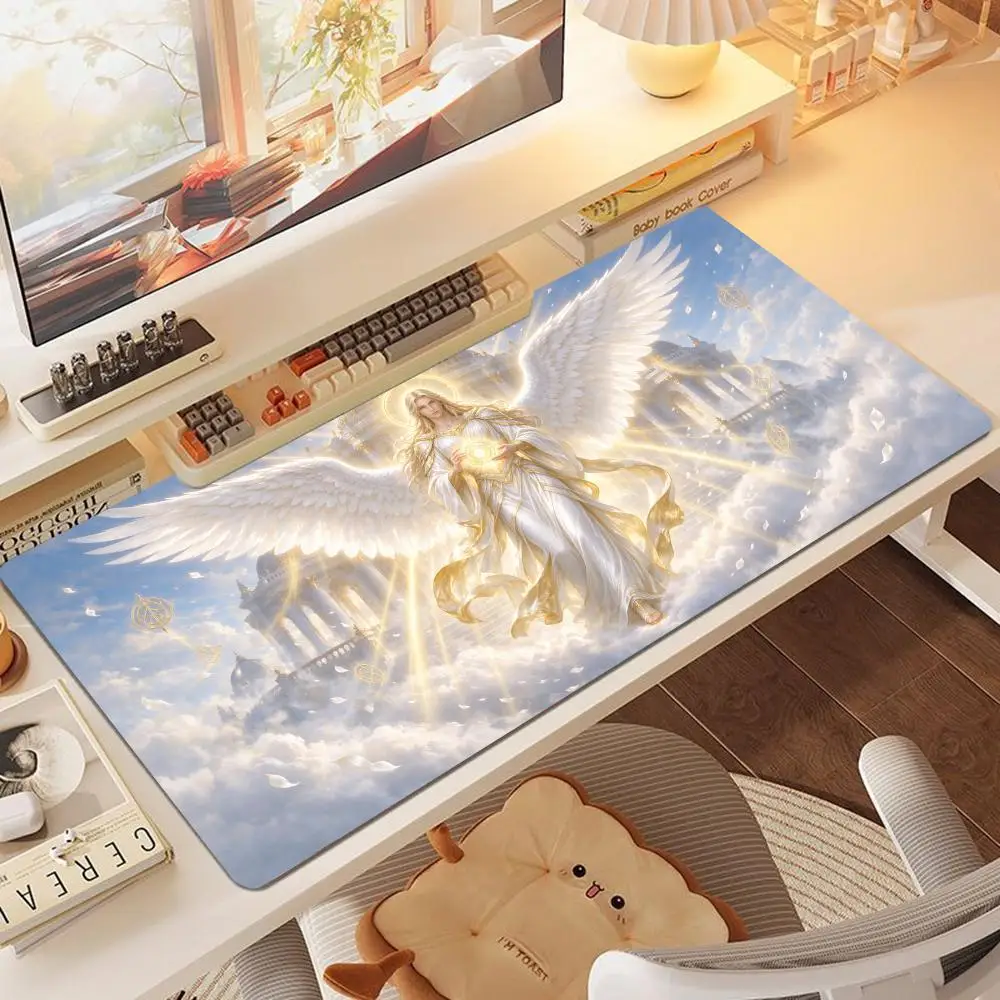 Heavenly White Wing Holy Angel Gaming Mouse Pad Large Size Thick Rubber Smooth Glide For Bright Style Dorm Desk Decor