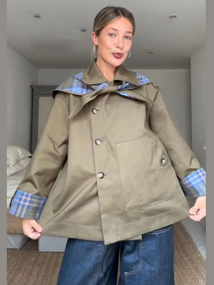 

Fashion Double Sided Wearable Jacket Women's Loose Long Sleeve Lapel Lace Up Coats 2025 Autumn New Female Casual Streetwear