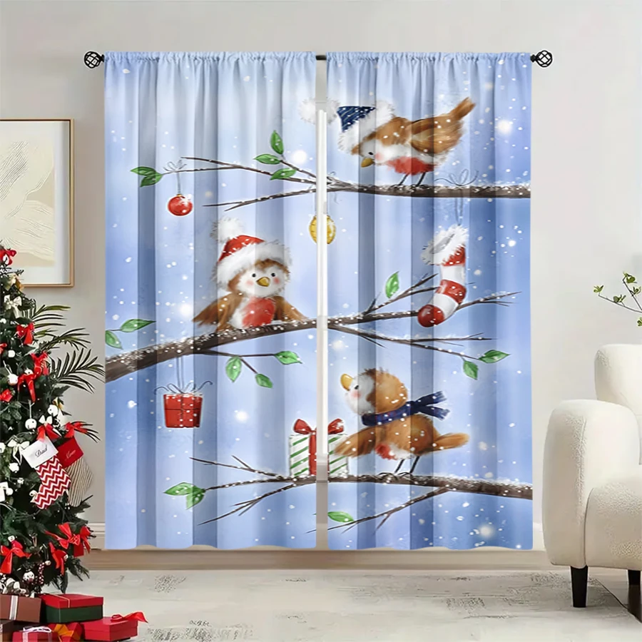 2PCS Christmas Winter Curtains, Robin Bird Santa Hat Stocking Gift Blue, Digital Print, Bedroom Living Room, Home Decor