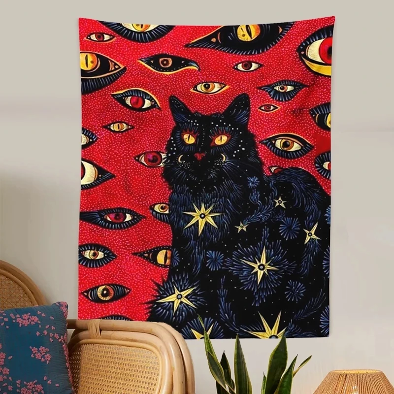 Cat Coven Tapestry Printed Witchcraft Hippie Wall Hanging Bohemian Wall Tapestry Mandala Wall Art Aesthetic Room Decor Tapestry