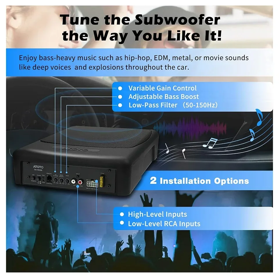 ATOTO CS-101SW 10" Active Powered Car Subwoofer 400W Deep Bass Speaker Amplified Car Audio Woofer with Amp High Low Level Input