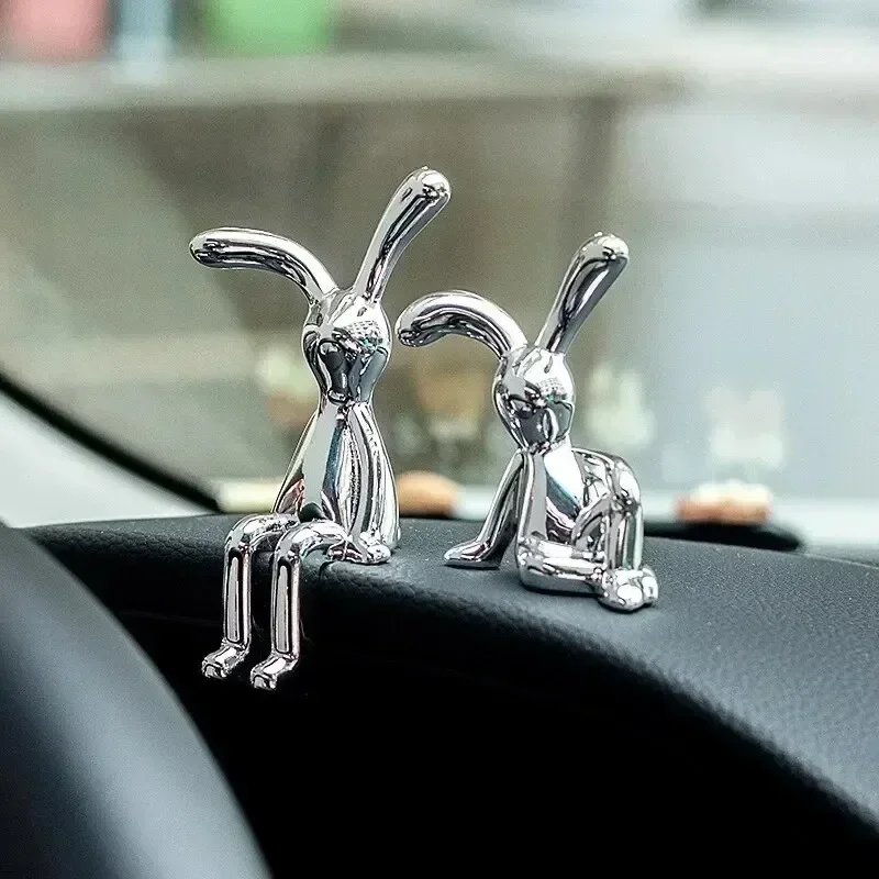 1Pc NEW Long-eared Rabbit Cartoon Animal Ornaments Silver Cute Car Interior Center Console Decoration Personality Accessories