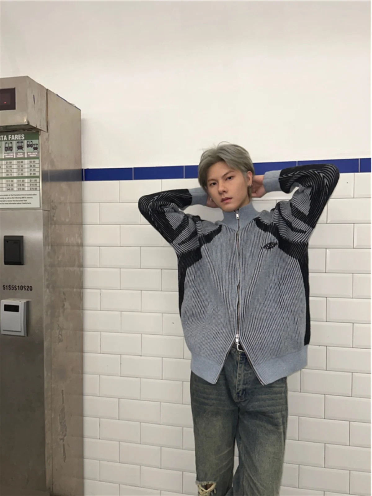 

Retro American Design High Ne Knitted Sweater Men's Autumn Winter Couple's Striped Open Cardigan Loose Fit Casual Sle