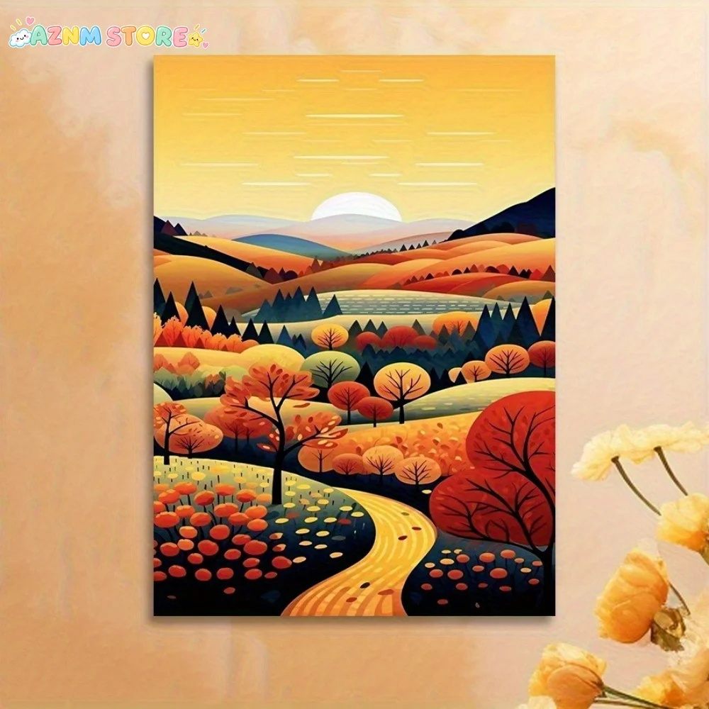 2027,Canvas Print of an Autumn Landscape - No Frame, Featuring a Lively Scene of Fall Leaves with a Sunset, Hills, And Colorf