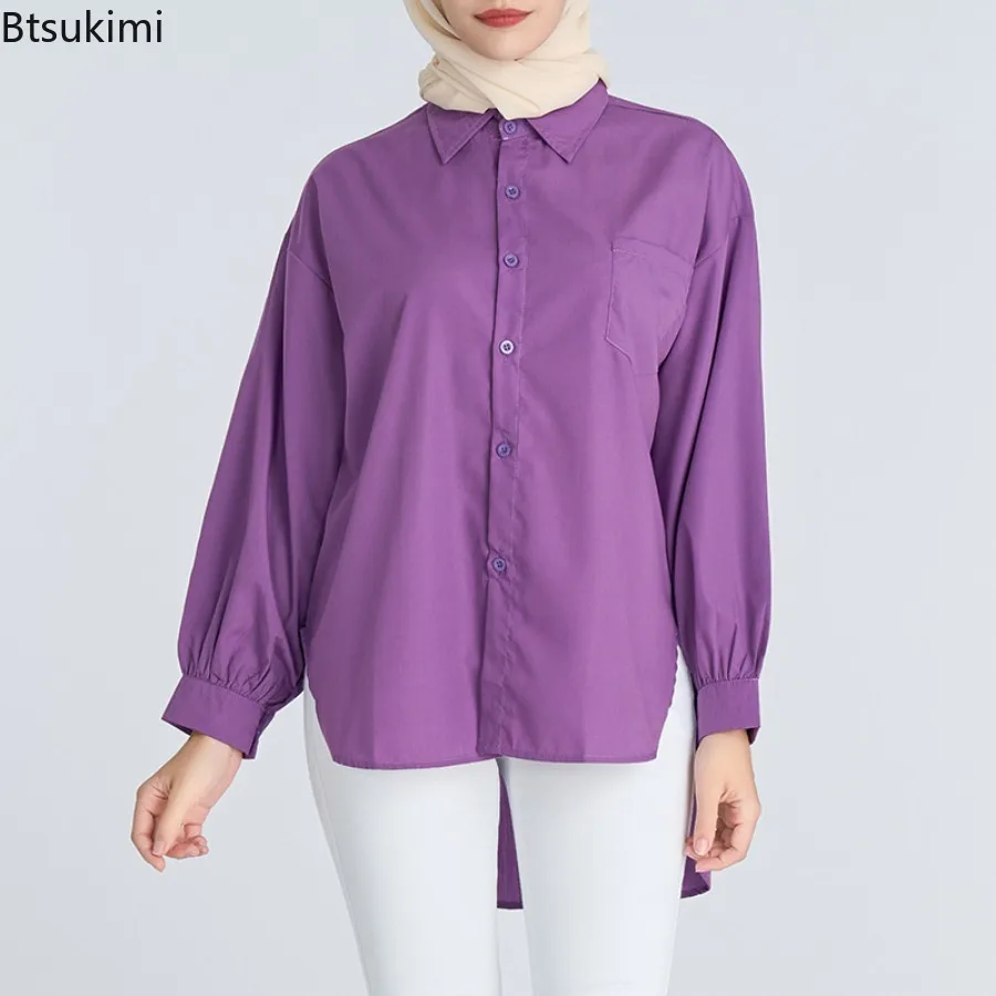 Fashion New Women Muslim Abaya Blouse Casual Office Ladies Style Solid Shirts 2024 Women Basic Long Sleeve Tops Camisas Feminina