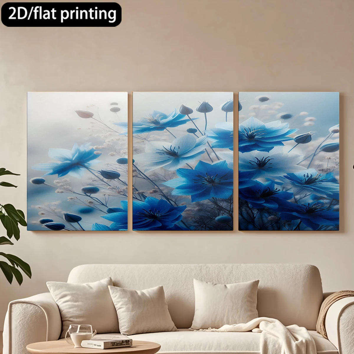 

Набор из 3 картин на холсте в деревянных рамах: Декоративные картины с нежными синими цветами. Изысканный визуальный эффект. Украшение для коридора и спальни.