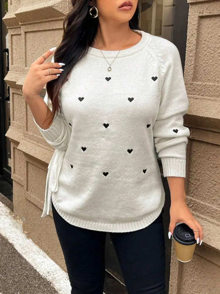 

New Fashion Commuter Printed Love Round Neck Long Sleeve Sweater Tie Irregular Hem Women Tops All-Match Soft Knit Pullover Cute