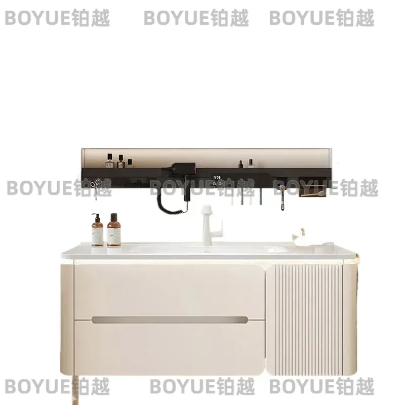 Cream Oak Bathroom Vanity with Ceramic Integrated Basin Simple Washstand Cabinet Modern Feng Shui Sink Unit for Home Decor