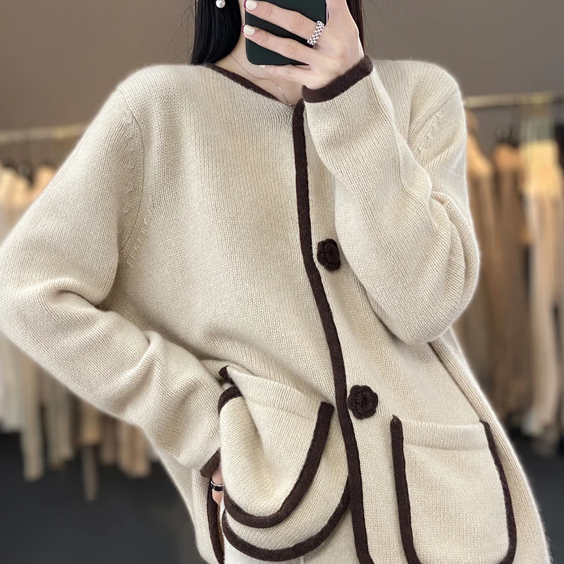 

100% Pure Wool Cardigan Women's Round Neck Color Blocked Outer Sweater. 2024 Spring .And Autumn new Loose Pocket KnittedJacket